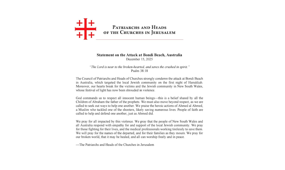 You are currently viewing Heads of Churches in Jerusalem condemn Bondi Hanukkah attack